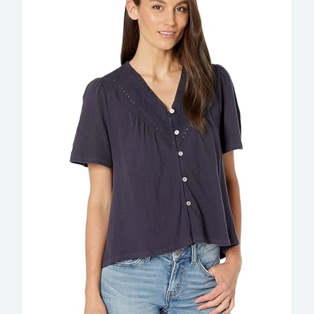 Lucky Brand Asymmetrical Blue Notched Collar Blouse